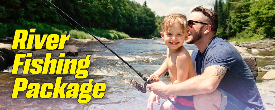 Father and son smiling as they fish in a river together